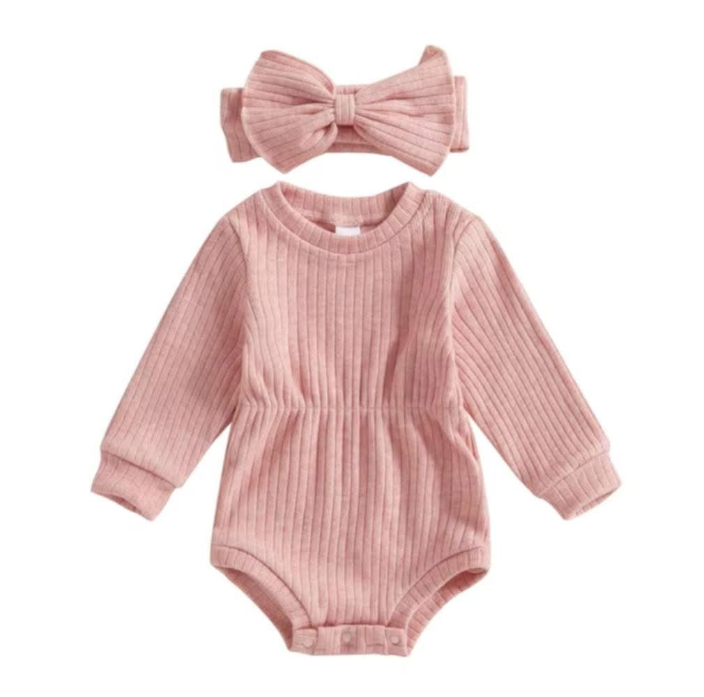 Pink Solid Ribbed Knit Romper