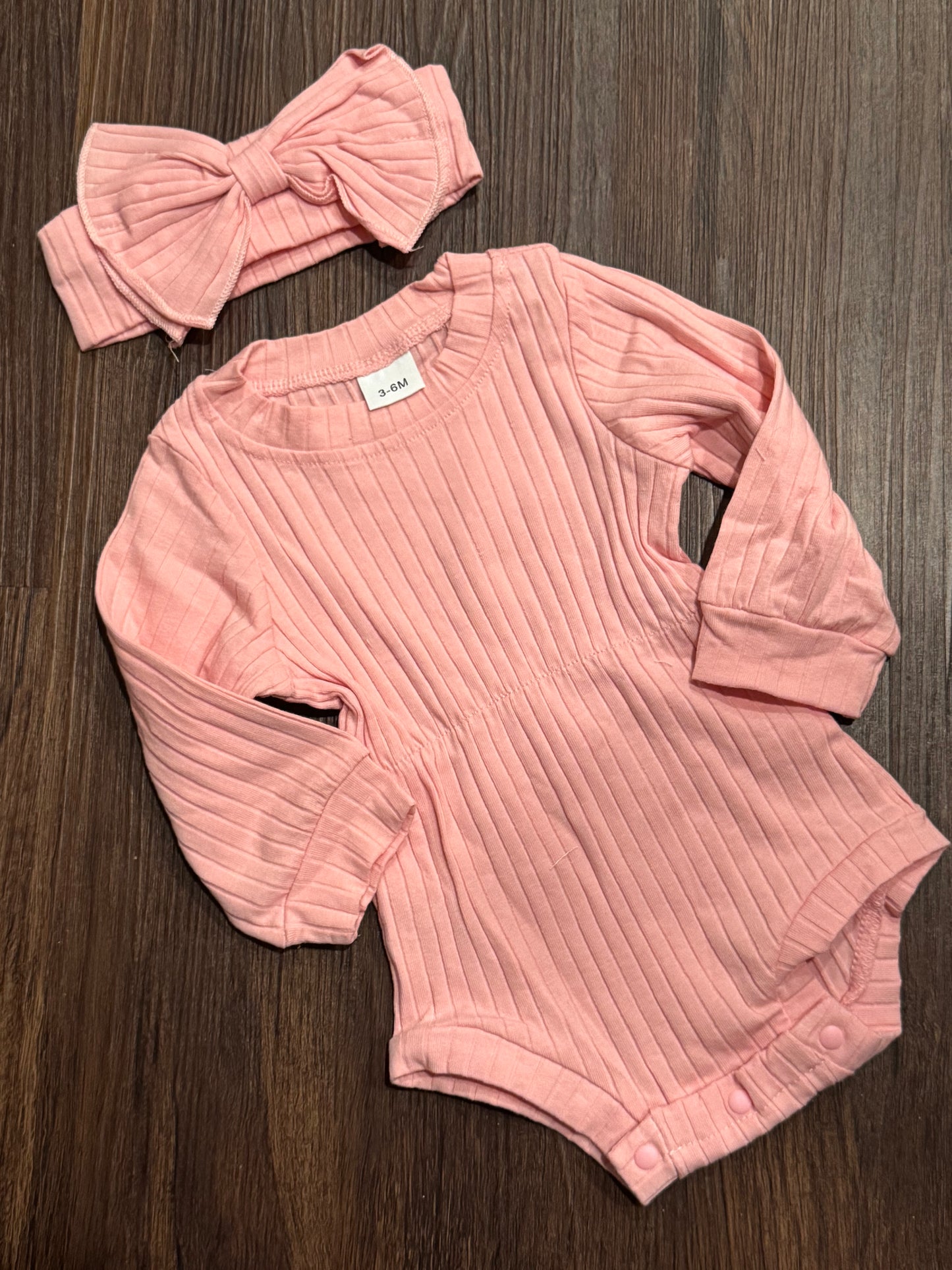 Pink Long Sleeve Ribbed Romper