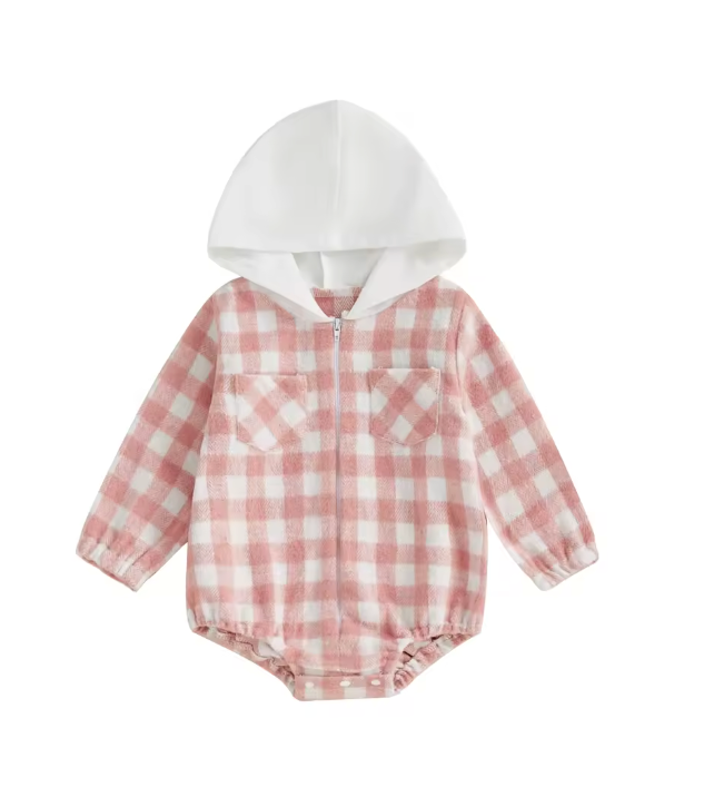 Pink Hooded Plaid Romper