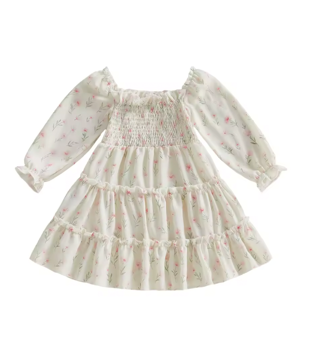 White Pink Dainty Floral Scrunch Dress