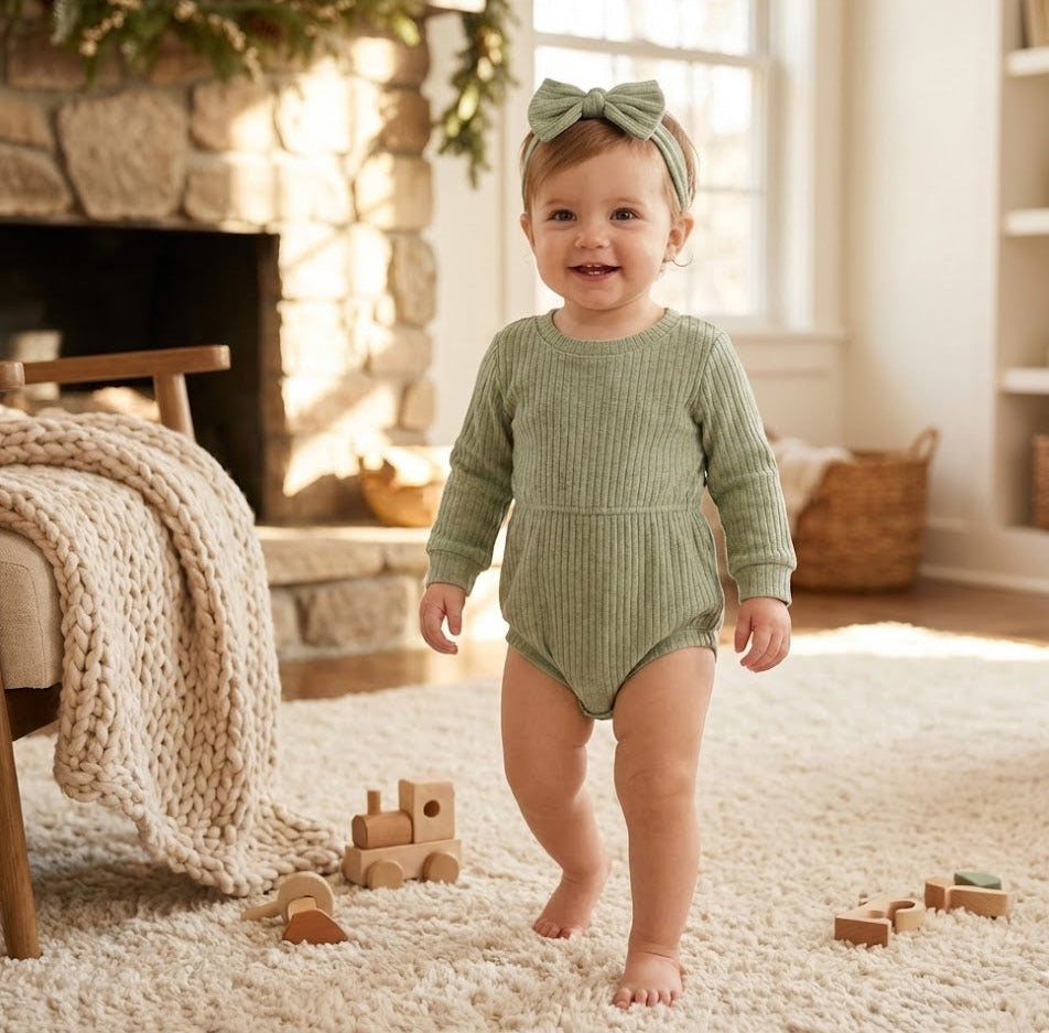 Sage Solid Ribbed Knit Romper