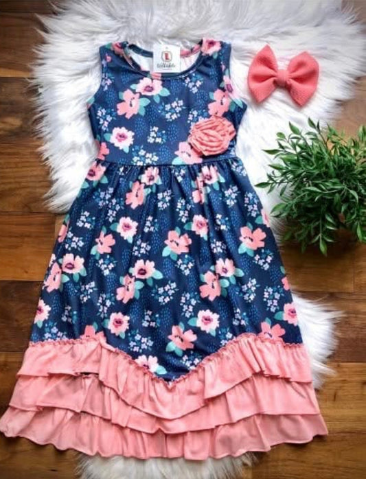 Navy & Pink Triple Ruffle Maxi Dress