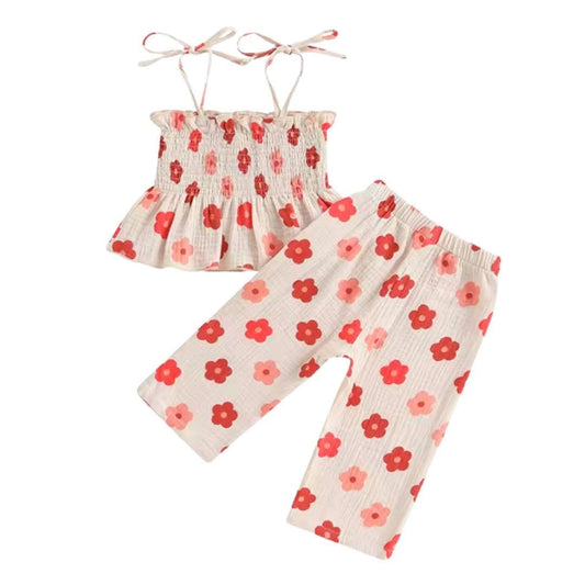 Beige Pink Flower Linen Set