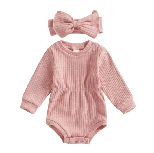Pink Solid Ribbed Knit Romper