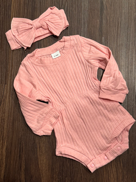 Pink Long Sleeve Ribbed Romper