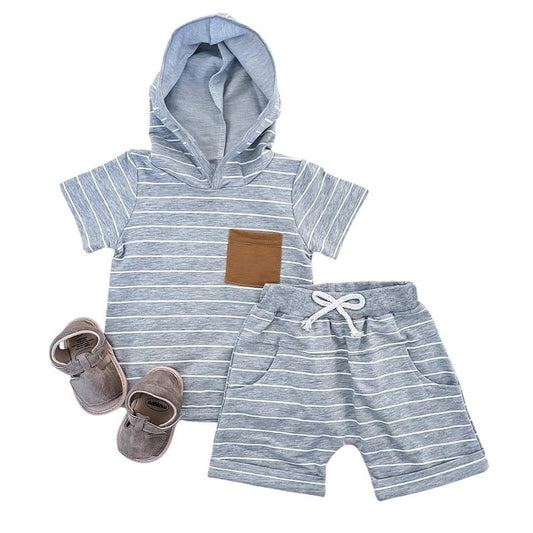 Gray Striped Hooded Shorts Set