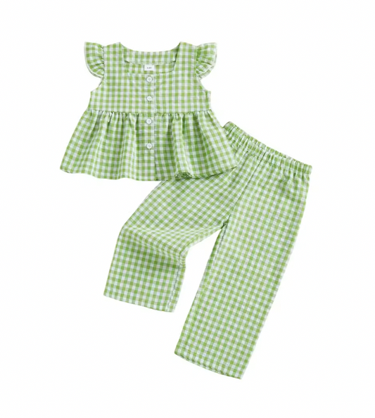 Green Gingham Ruffle Tank Pants Set