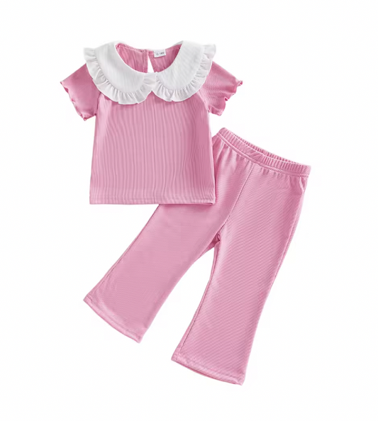 Pink Ribbed Solid White Collared Set